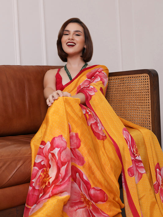 Zareen Yellow and Fuschial Floral Chinon Saree