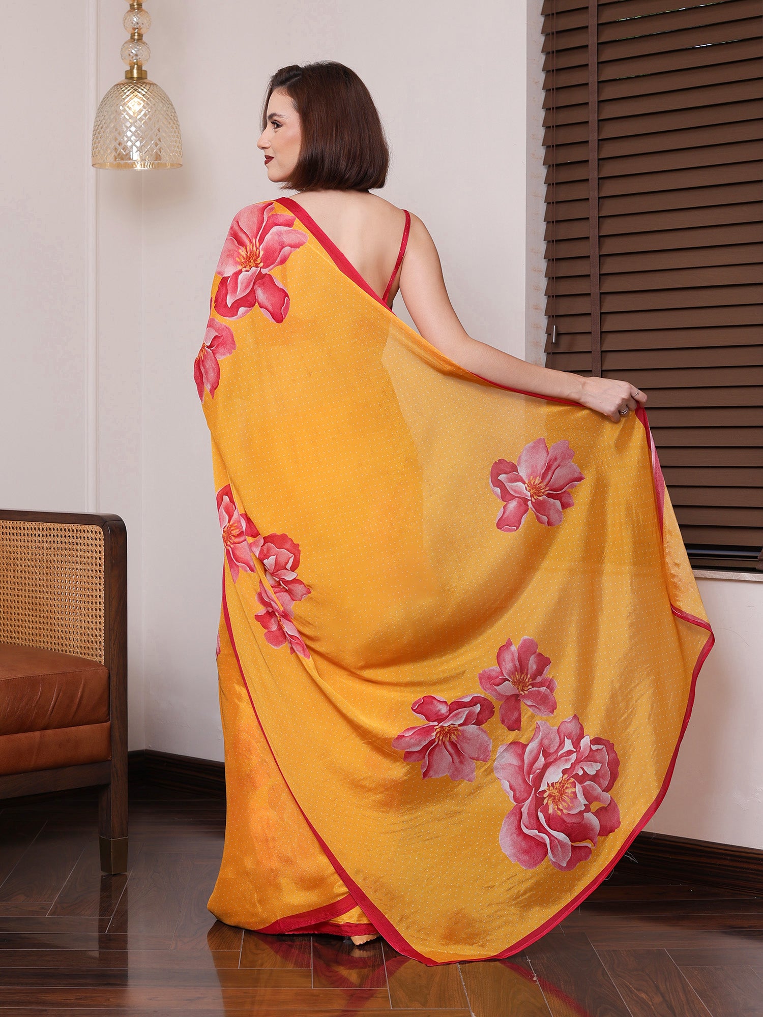 Zareen Yellow and Fuschial Floral Chinon Saree