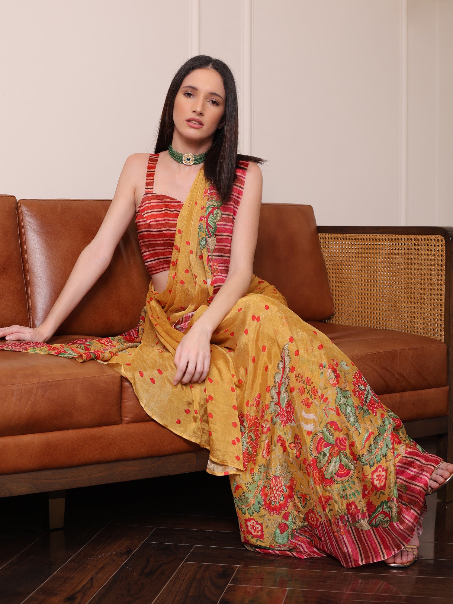 Aurelia Mustard Floral Buti Chinon Saree