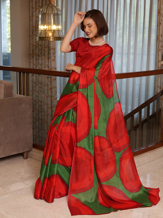 Alina Red and Deep Green Abstract Chinon Saree