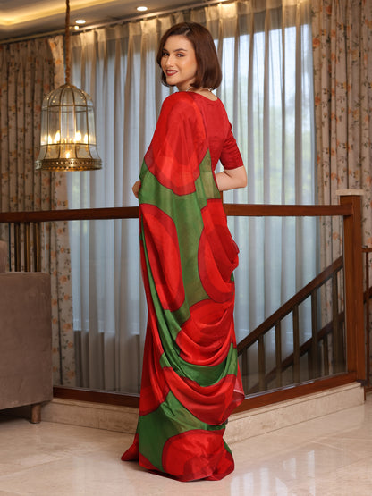 Alina Red and Deep Green Abstract Chinon Saree