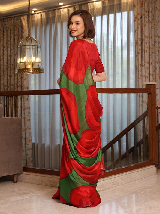 Alina Red and Deep Green Abstract Chinon Saree