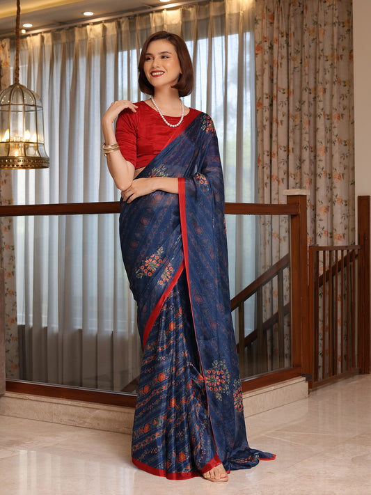 Evara Deep Navy Floral Buti Chinon Saree
