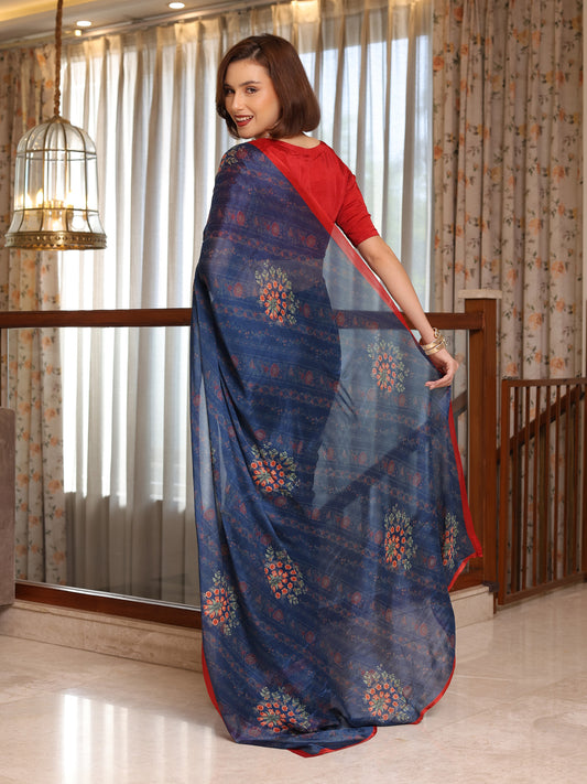 Evara Deep Navy Floral Buti Chinon Saree