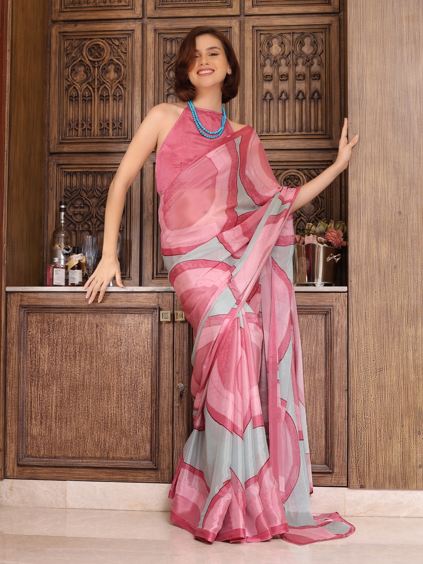 Alina Pink and Baby Blue Abstract Chinon Saree