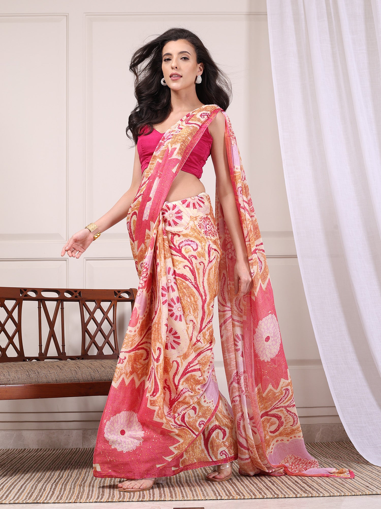 Elyra Peach & Pista Green Paisley Chinon Saree