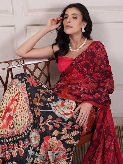 Meher Crimson Red and Black Ajrakh Floral Chinon Saree