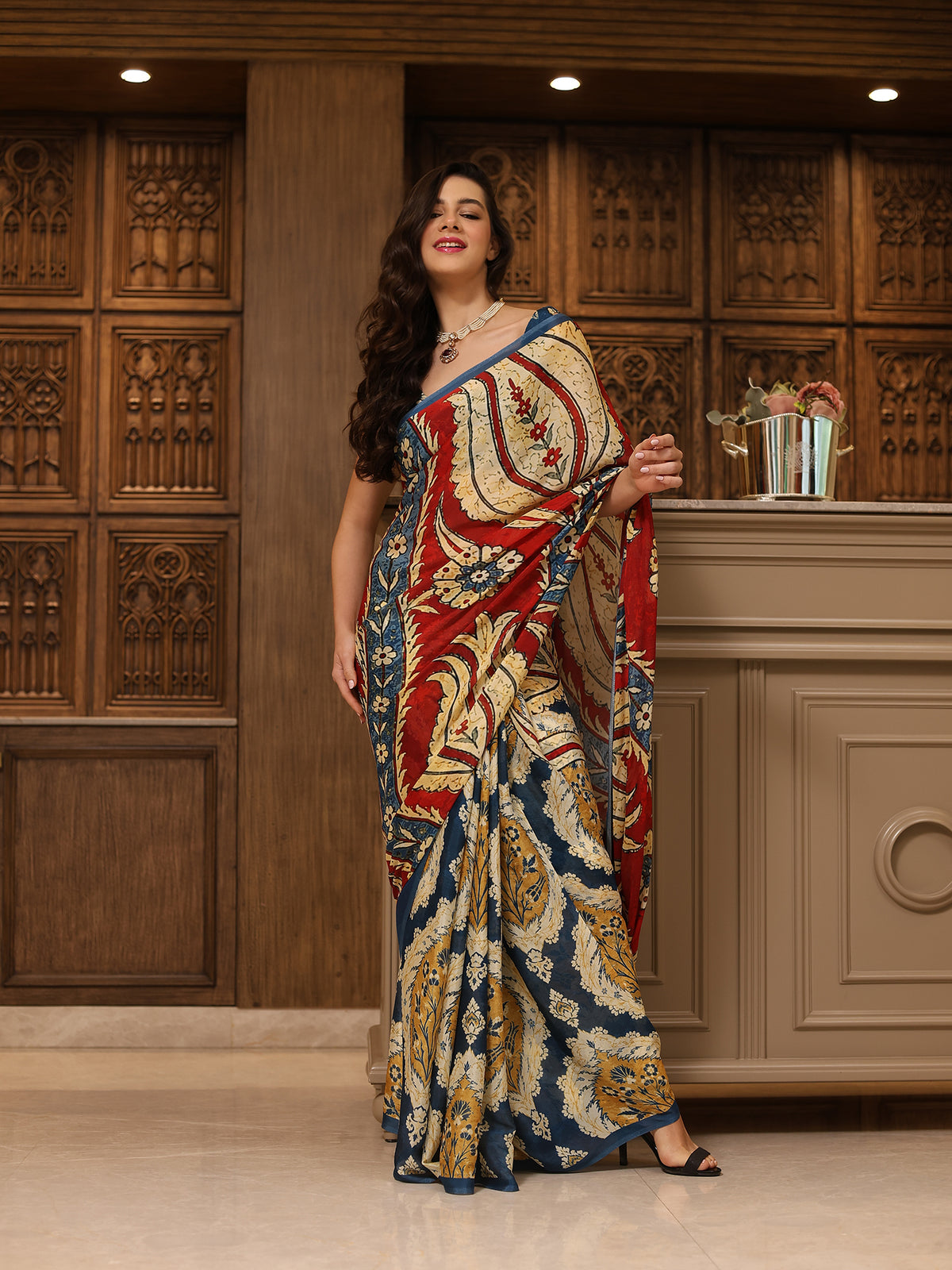 Ruhani Navy Blue Beige Rust Ornamental Paisley Chinon Saree