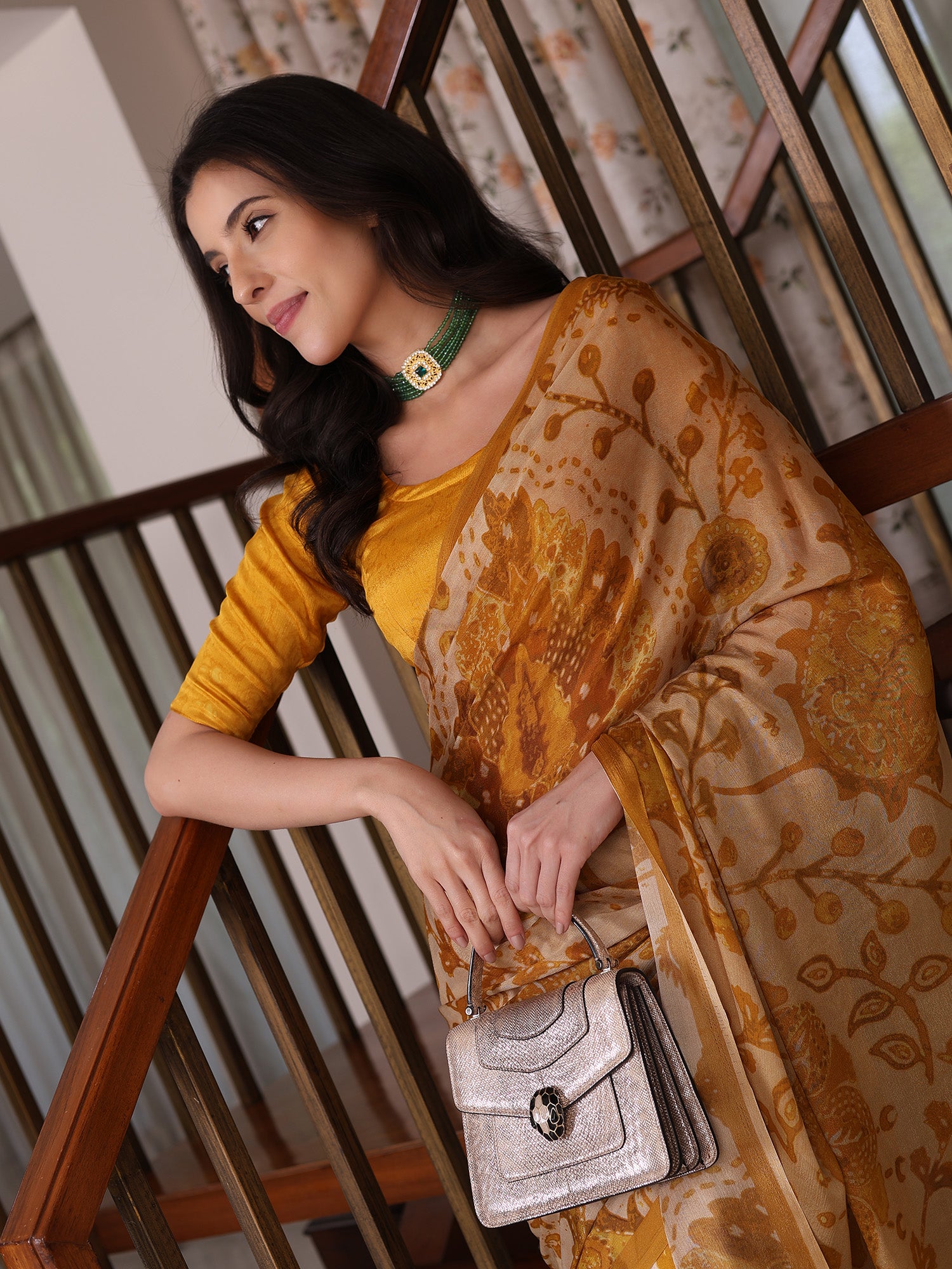 Meher Yellow and white Ajrakh Floral Chinon Saree