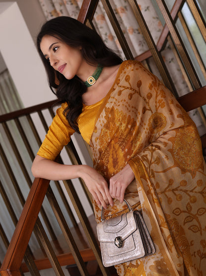 Meher Yellow and white Ajrakh Floral Chinon Saree