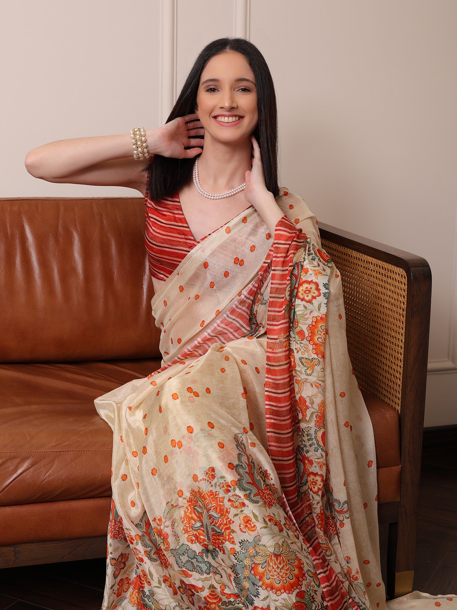 Aurelia Ivory and Rust Floral Buti Chinon Saree