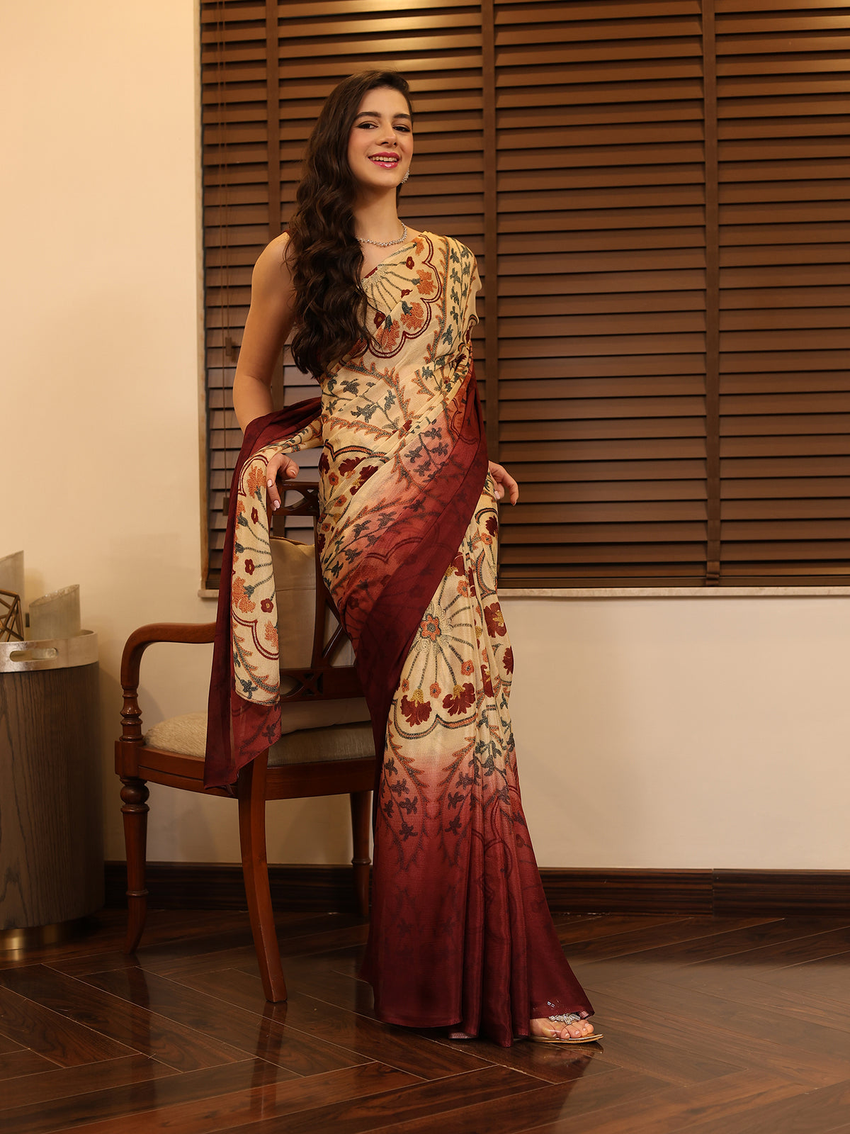Suhani Beige Maroon Ornamental Paisley Chinon Saree