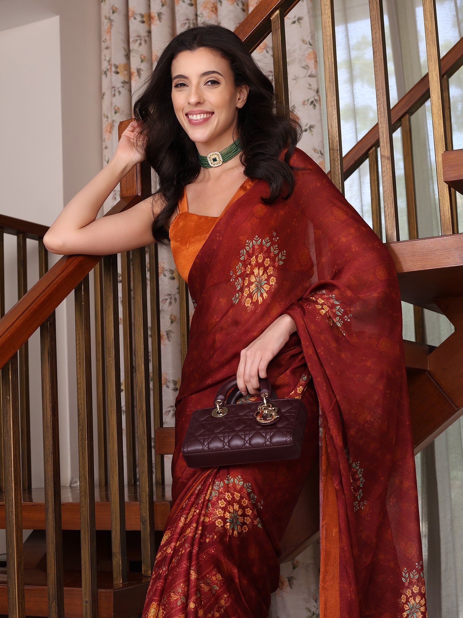 Evara Mint Maroon and Orange Floral Buti Chinon Saree