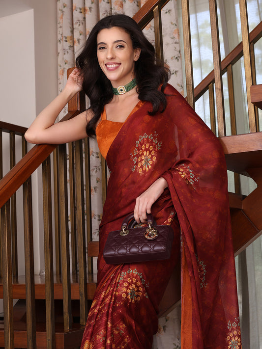 Evara Mint Maroon and Orange Floral Buti Chinon Saree