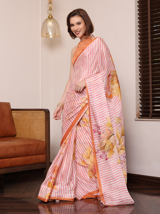 Liora Soft Pink and Yellow Striped Floral Chinon Saree