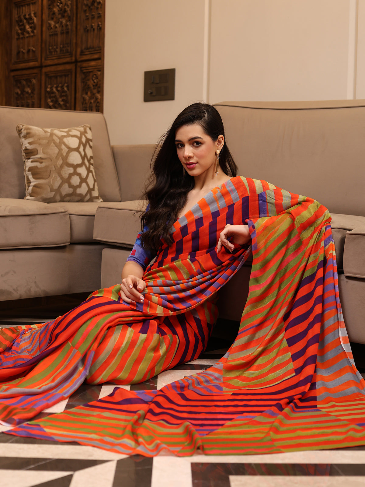Tarangini Coral Red Cobalt Blue Diagonal Stripe Chinon Saree