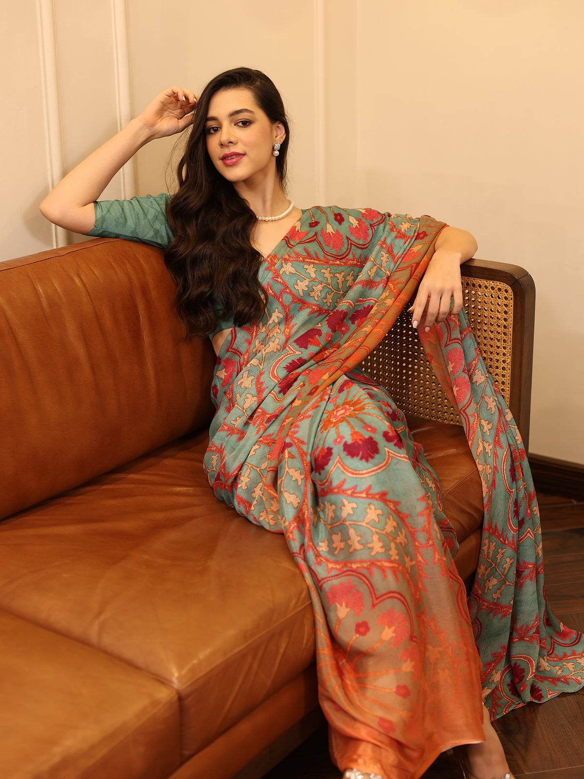 Suhani Sage Green Coral Botanical Floral Chinon Saree