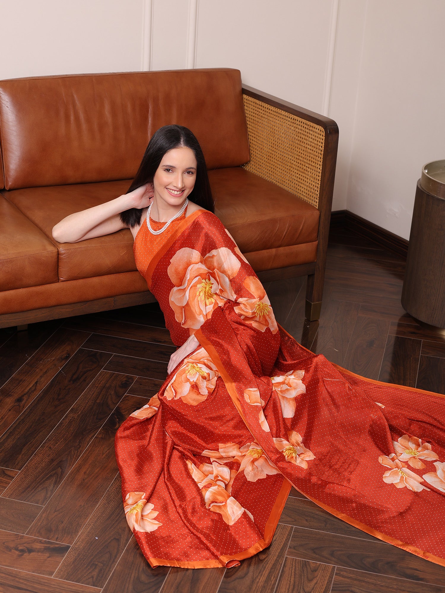 Zareen Burnt Orange and Peach Floral Chinon Saree