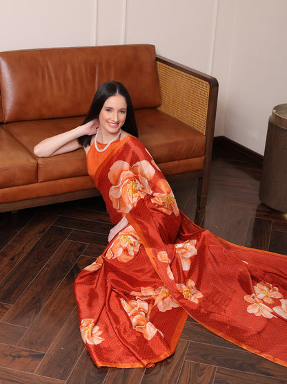 Zareen Burnt Orange and Peach Floral Chinon Saree