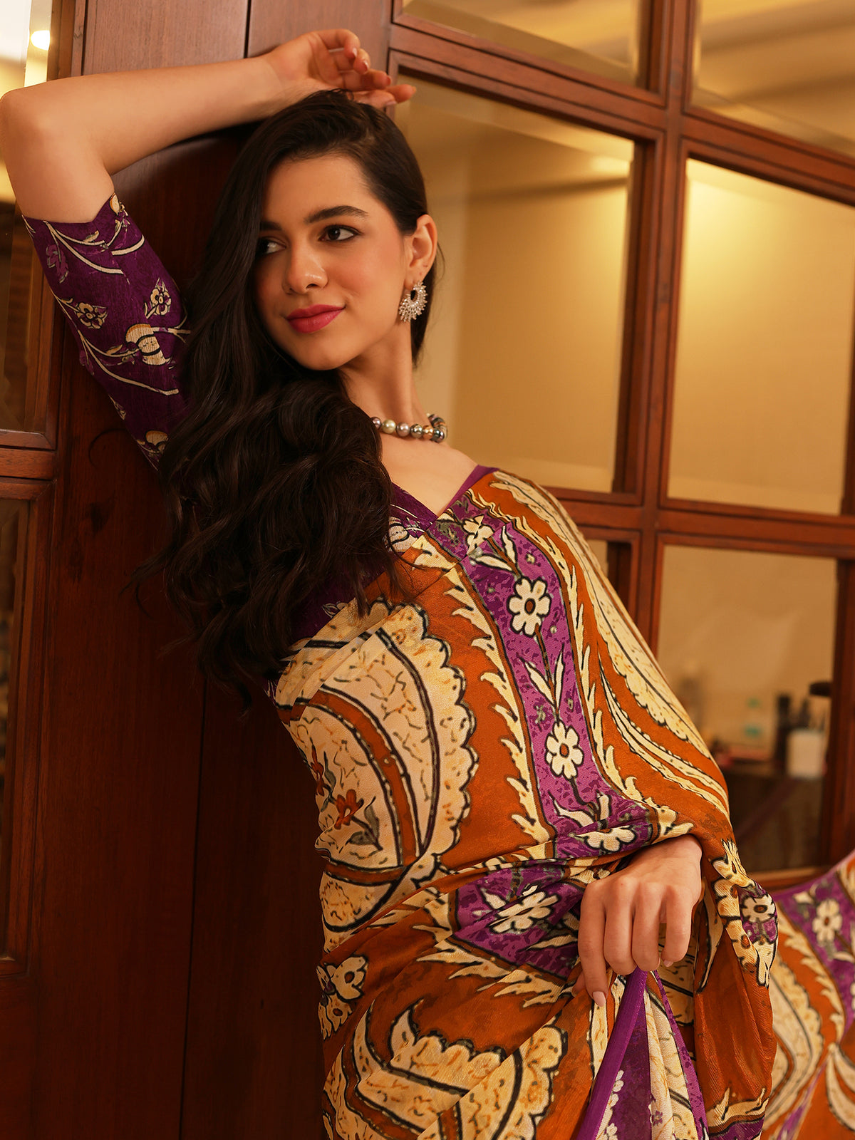 Ruhani Purple Mustard Ornamental Paisley Chinon Saree