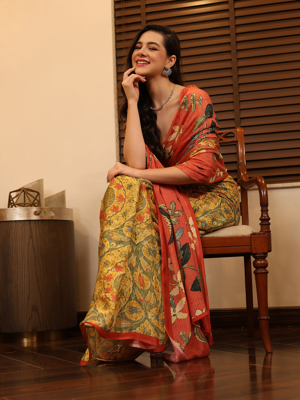 Gulbano Coral Orange Teal Botanical Floral Chinon Saree