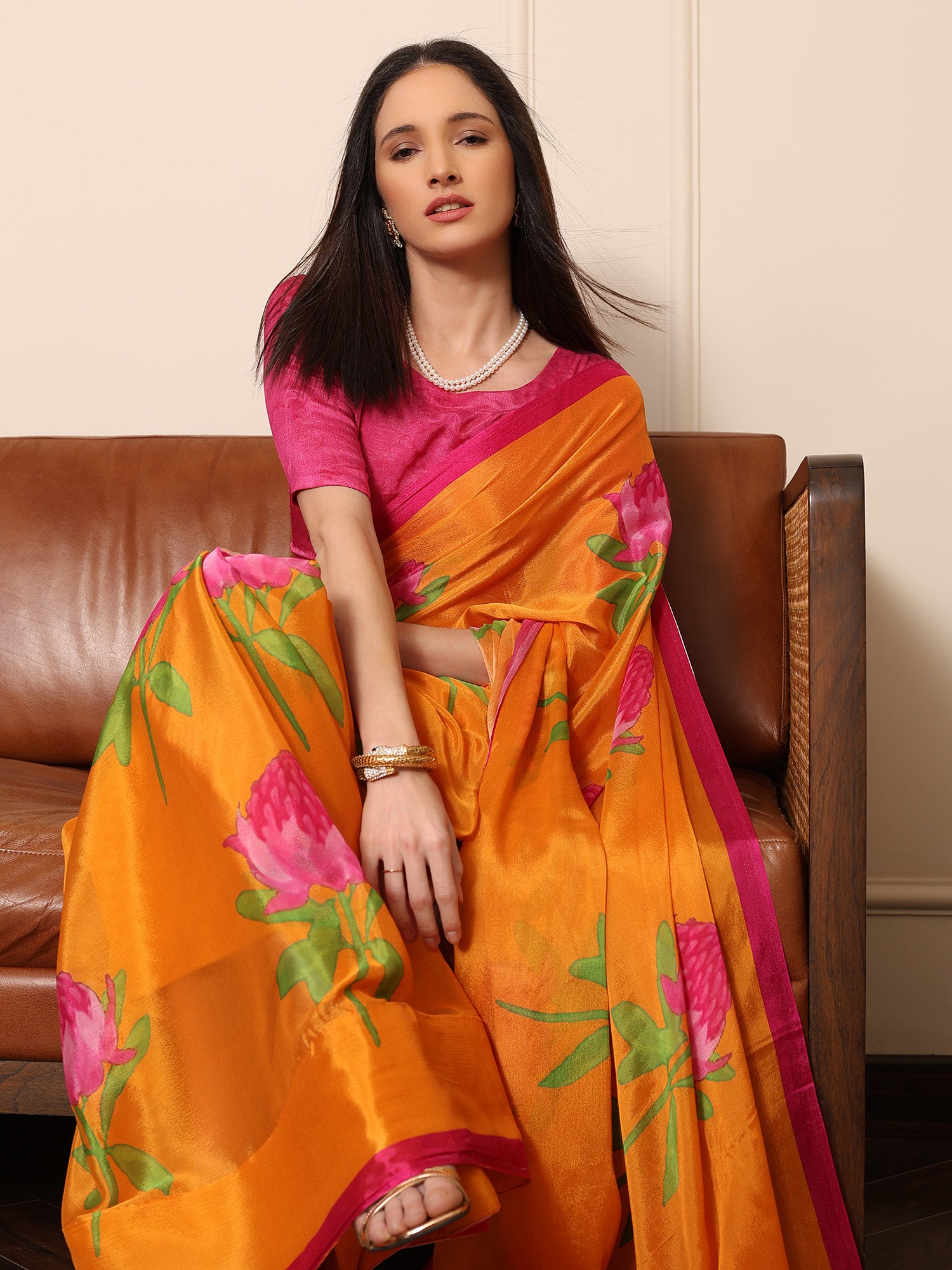 Soraya Marigold and Pink Floral Chinon Saree