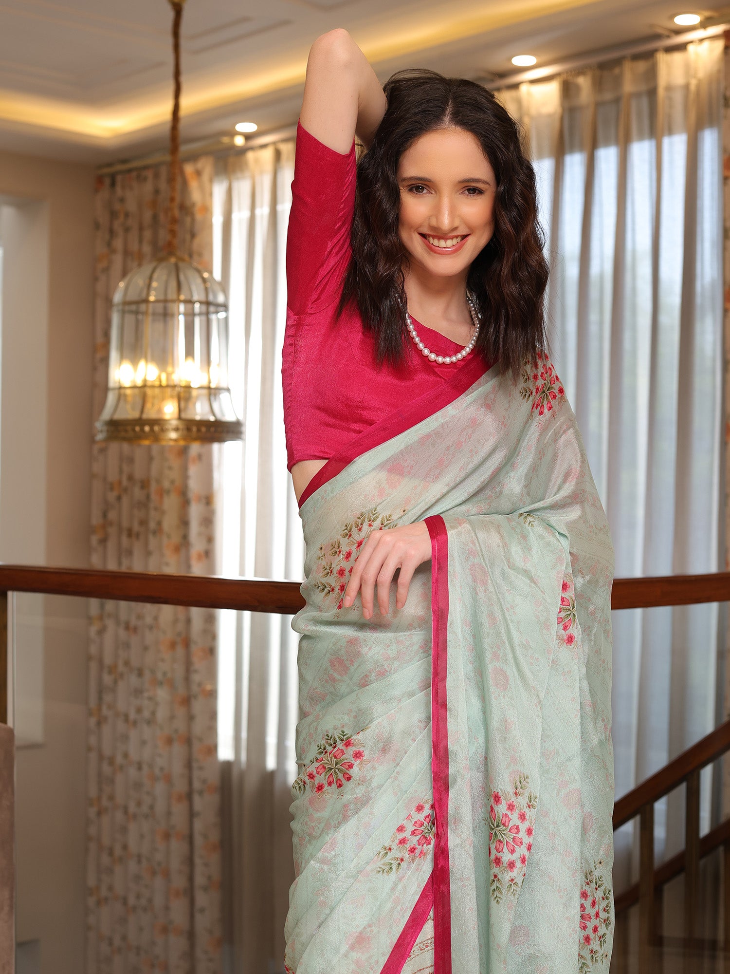 Evara Powder Blue and Pink Floral Buti Chinon Saree