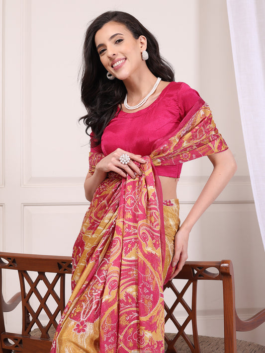 Zehra Rani Pink and yellow Floral Paisley Chinon Saree