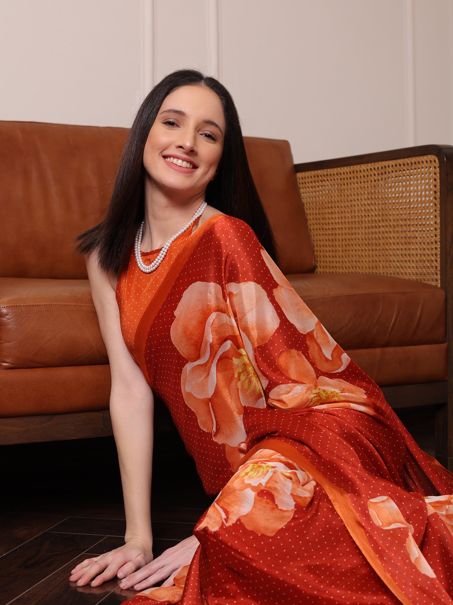 Zareen Burnt Orange and Peach Floral Chinon Saree