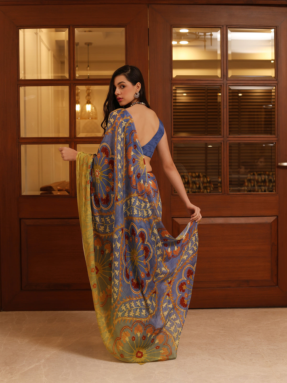 Suhani Slate Blue Rust Ornamental Paisley Chinon Saree