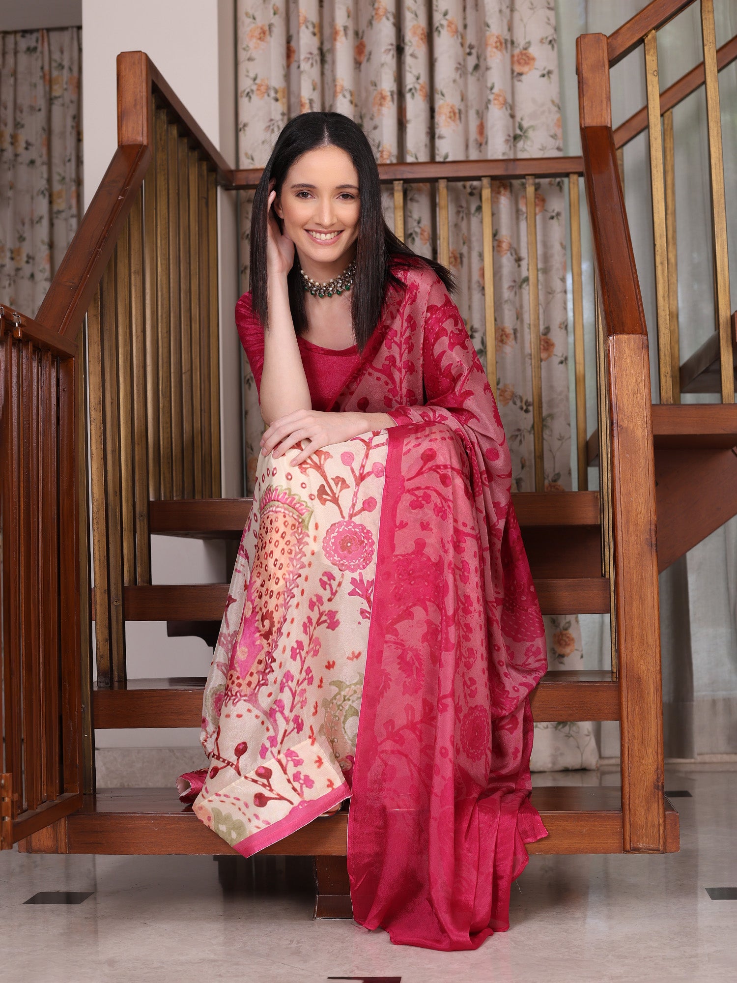 Meher Rani Pink and white Ajrakh Floral Chinon Saree