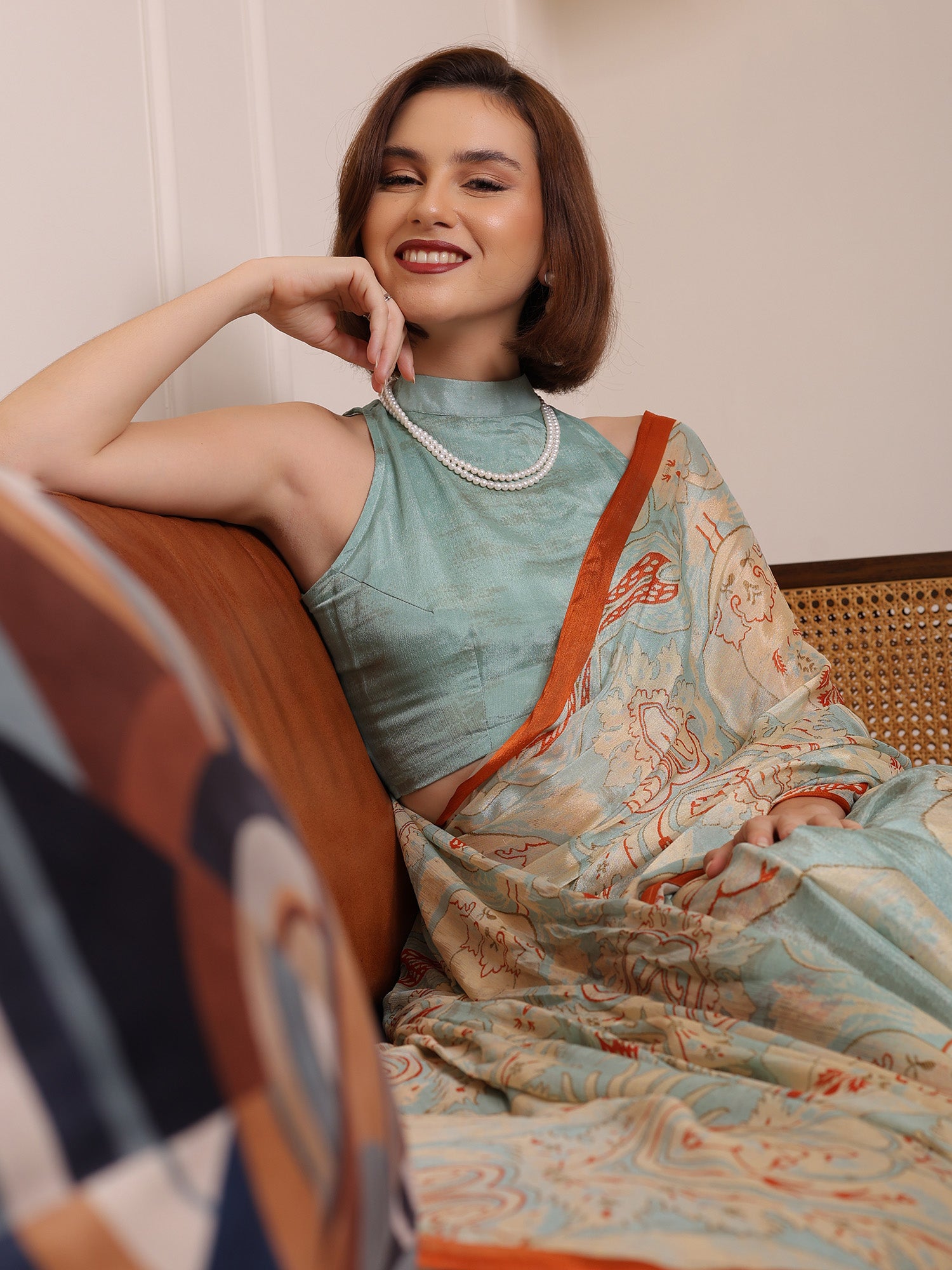 Zehra Powder blue and beige Floral Paisley Chinon Saree