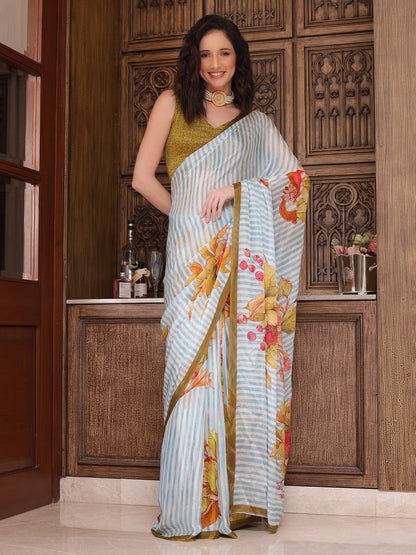Liora Sky Blue and White Striped Floral Chinon Saree
