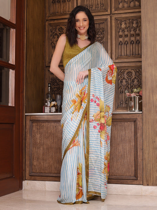 Liora Sky Blue and White Striped Floral Chinon Saree