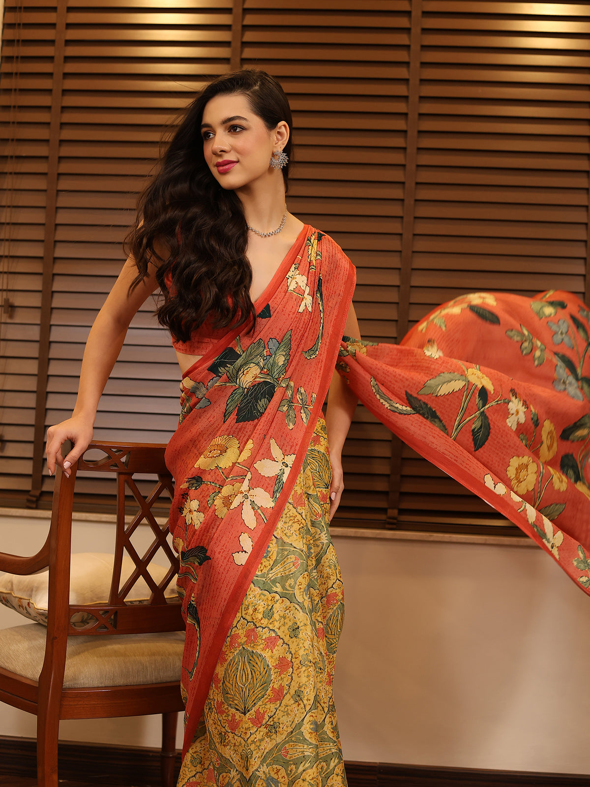 Gulbano Coral Orange Teal Botanical Floral Chinon Saree
