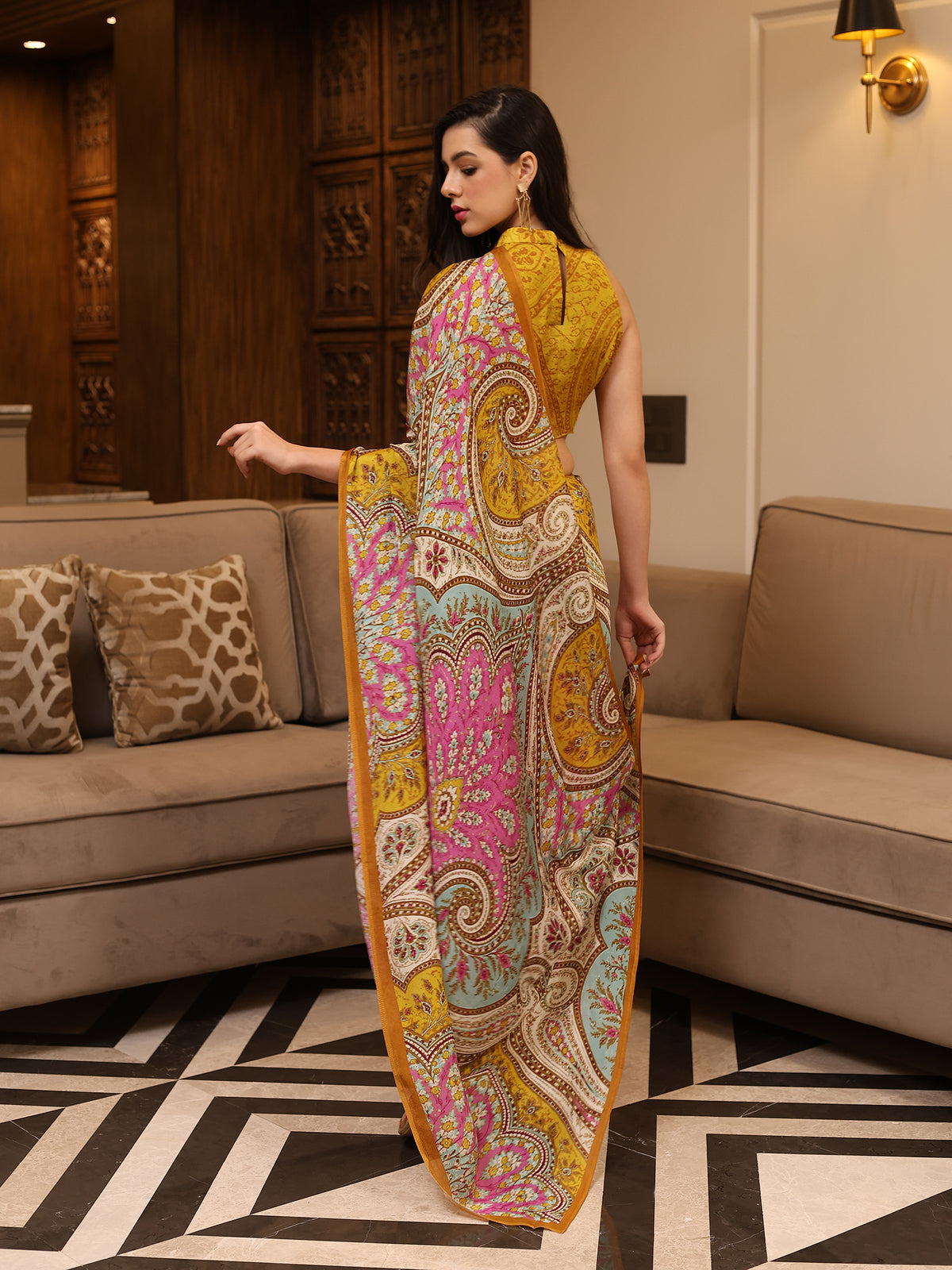 Aafreen Mustard Yellow Pink Ornamental Paisley Chinon Saree