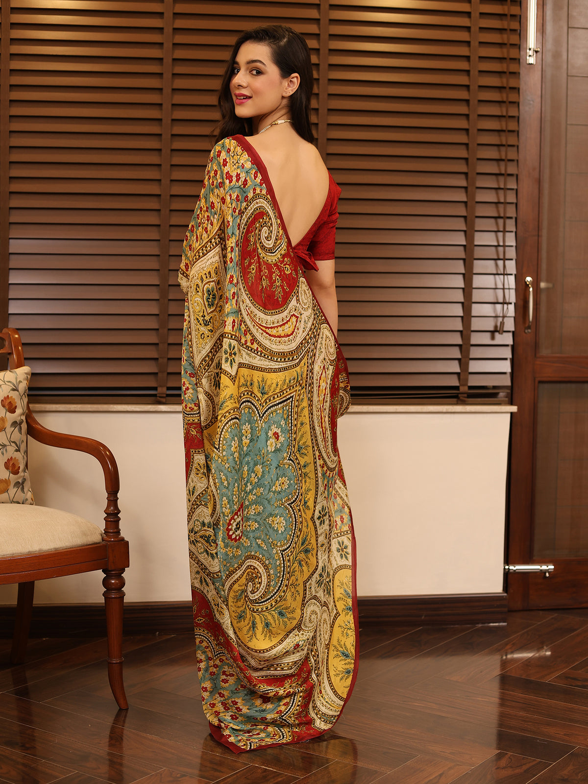Aafreen Crimson Red Mustard Ornamental Paisley Chinon Saree