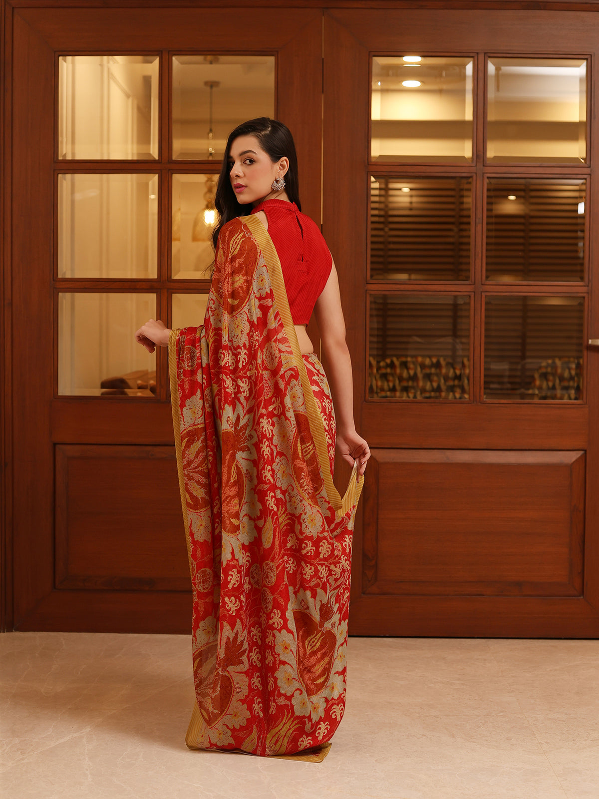 Mahek Crimson Red Gold Botanical Floral Chinon Saree