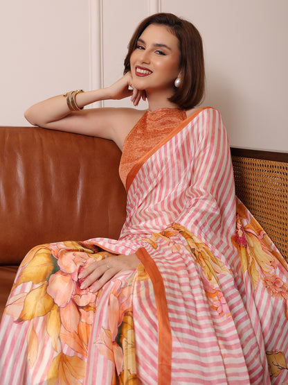 Liora Soft Pink and Yellow Striped Floral Chinon Saree