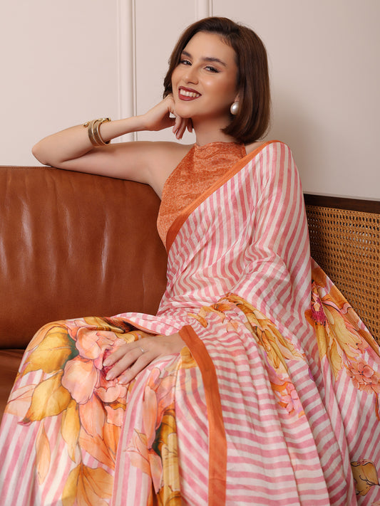 Liora Soft Pink and Yellow Striped Floral Chinon Saree