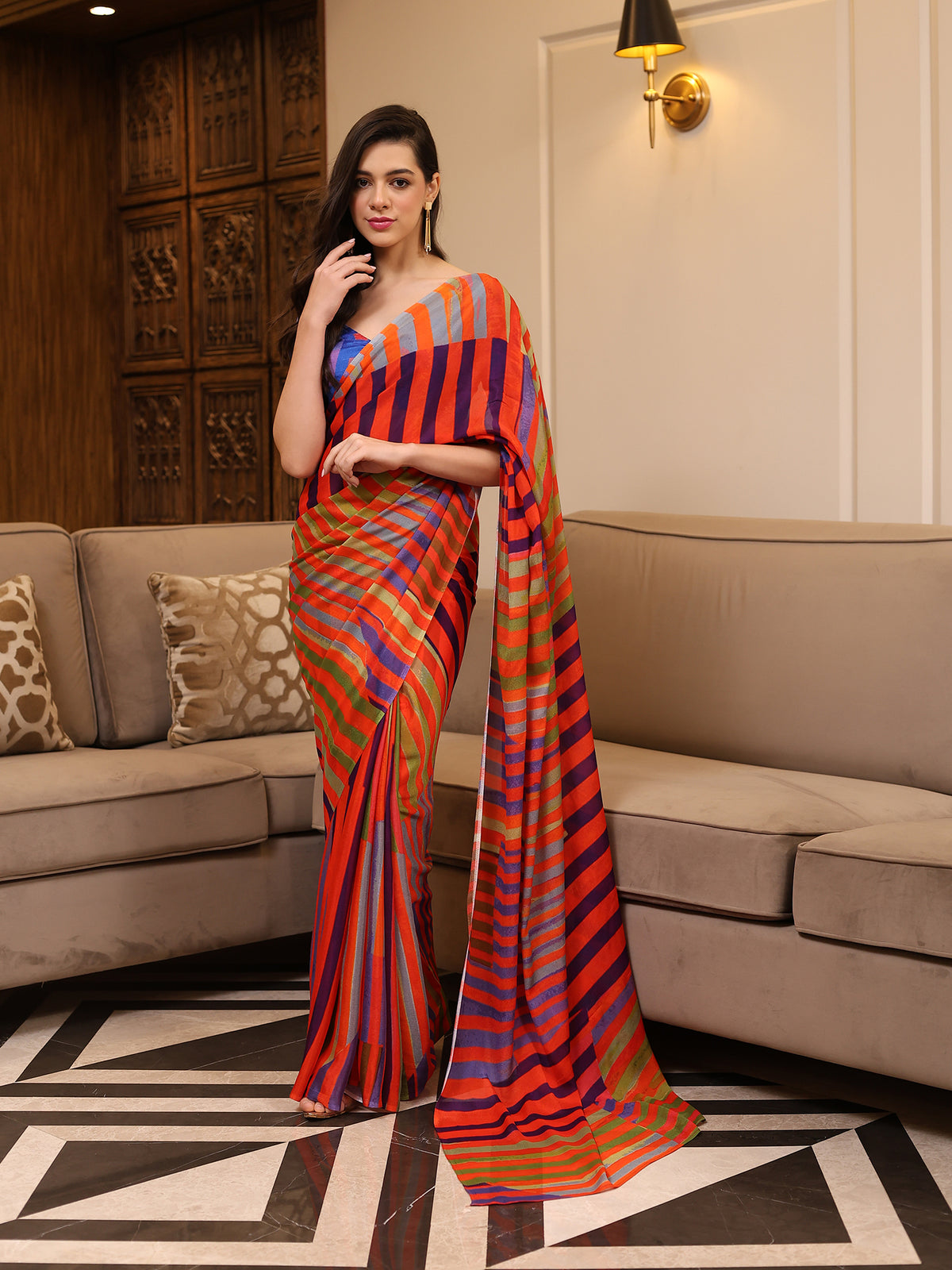 Tarangini Coral Red Cobalt Blue Diagonal Stripe Chinon Saree
