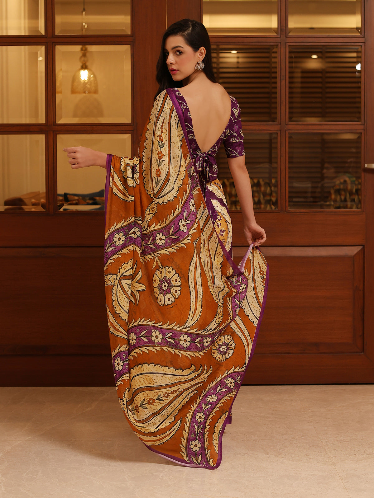 Ruhani Purple Mustard Ornamental Paisley Chinon Saree