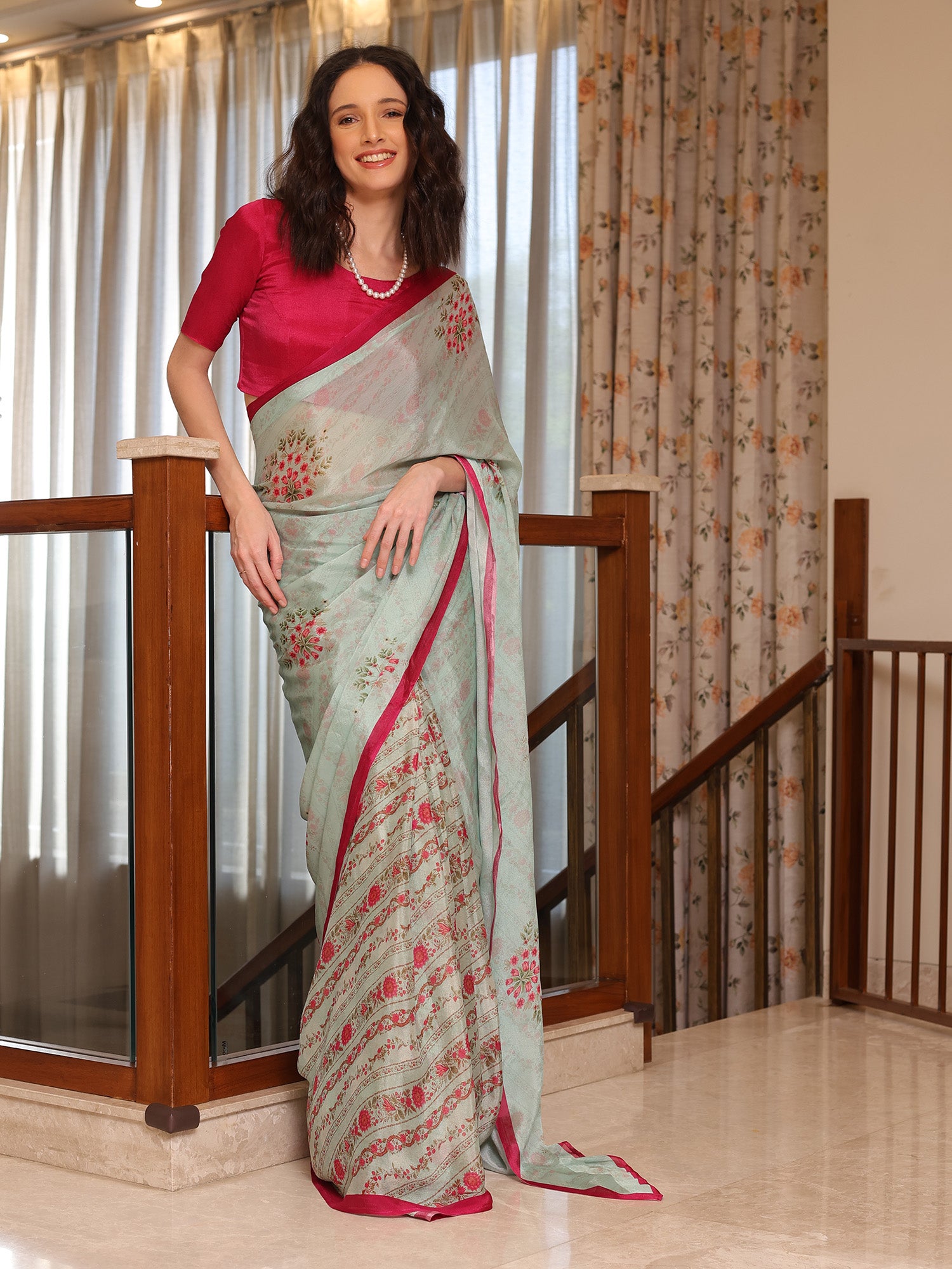 Evara Powder Blue and Pink Floral Buti Chinon Saree