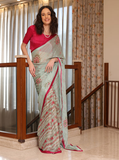 Evara Powder Blue and Pink Floral Buti Chinon Saree