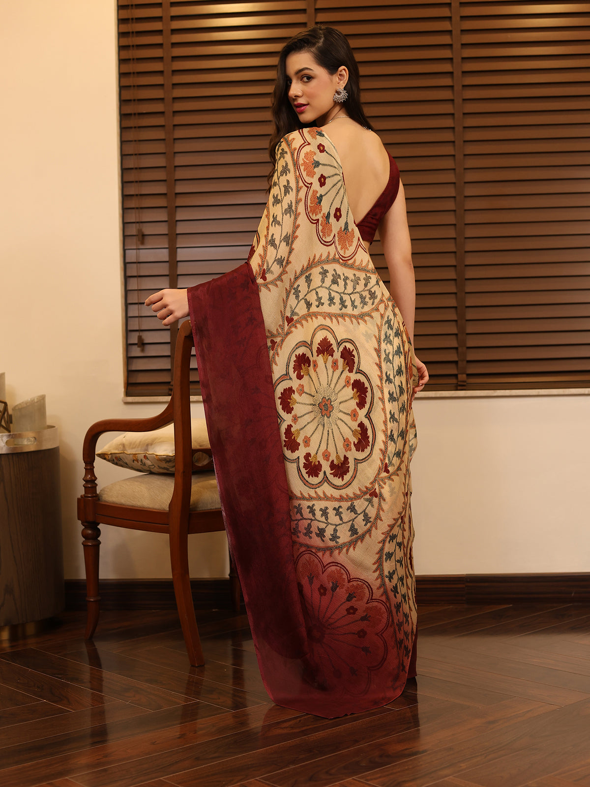 Suhani Beige Maroon Ornamental Paisley Chinon Saree
