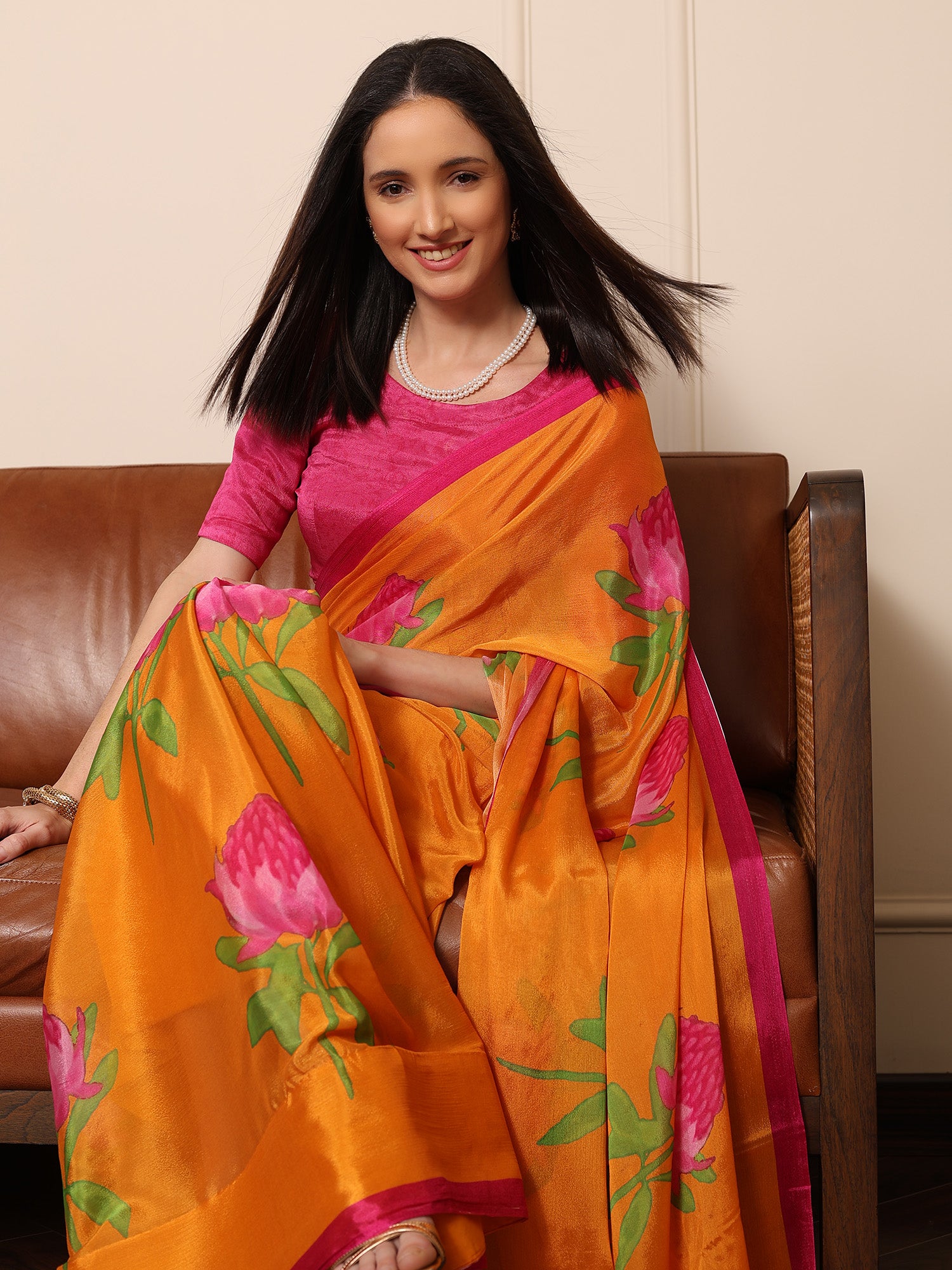 Soraya Marigold and Pink Floral Chinon Saree