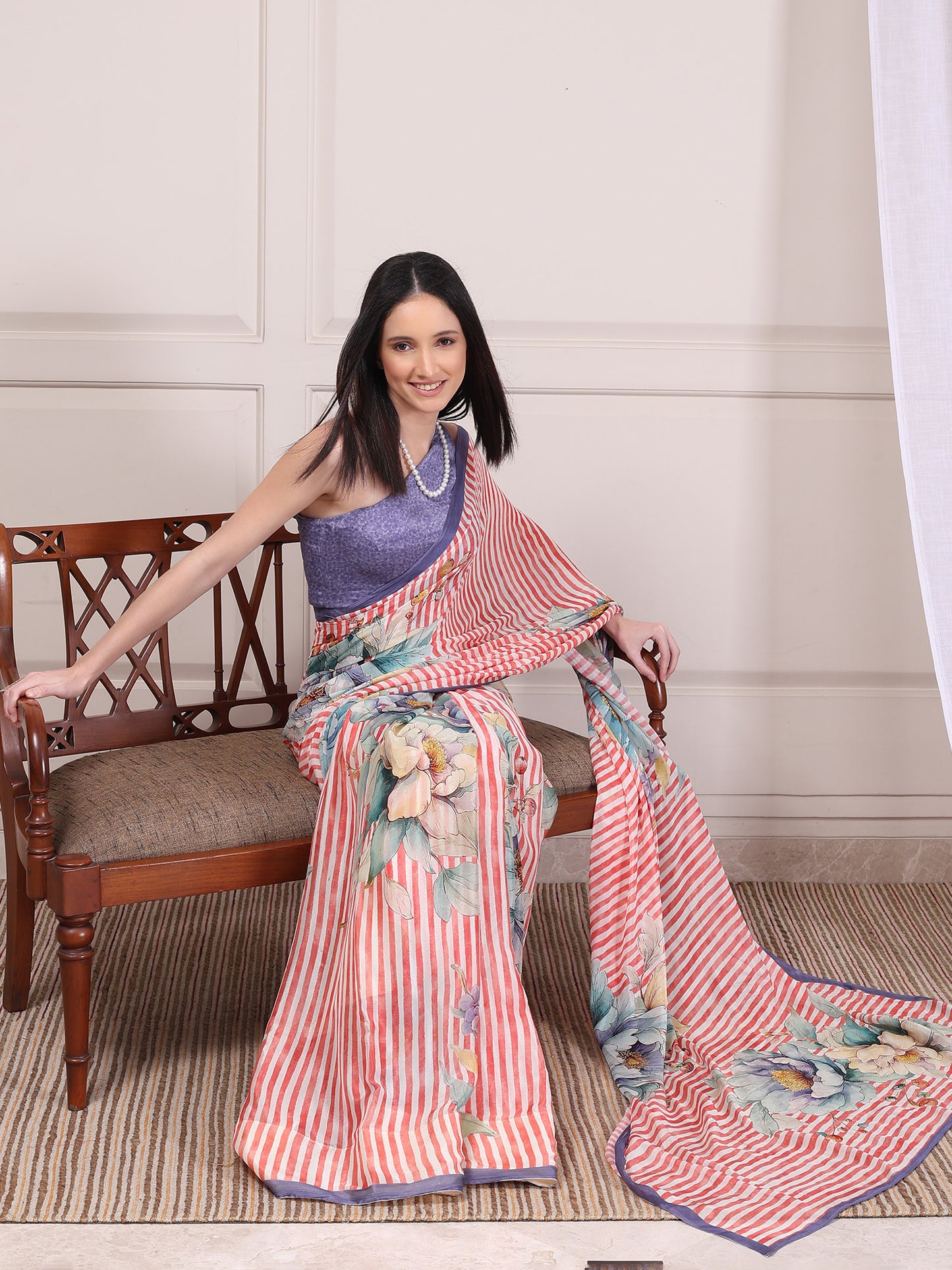 Elara Coral and White Striped Floral Chinon Saree