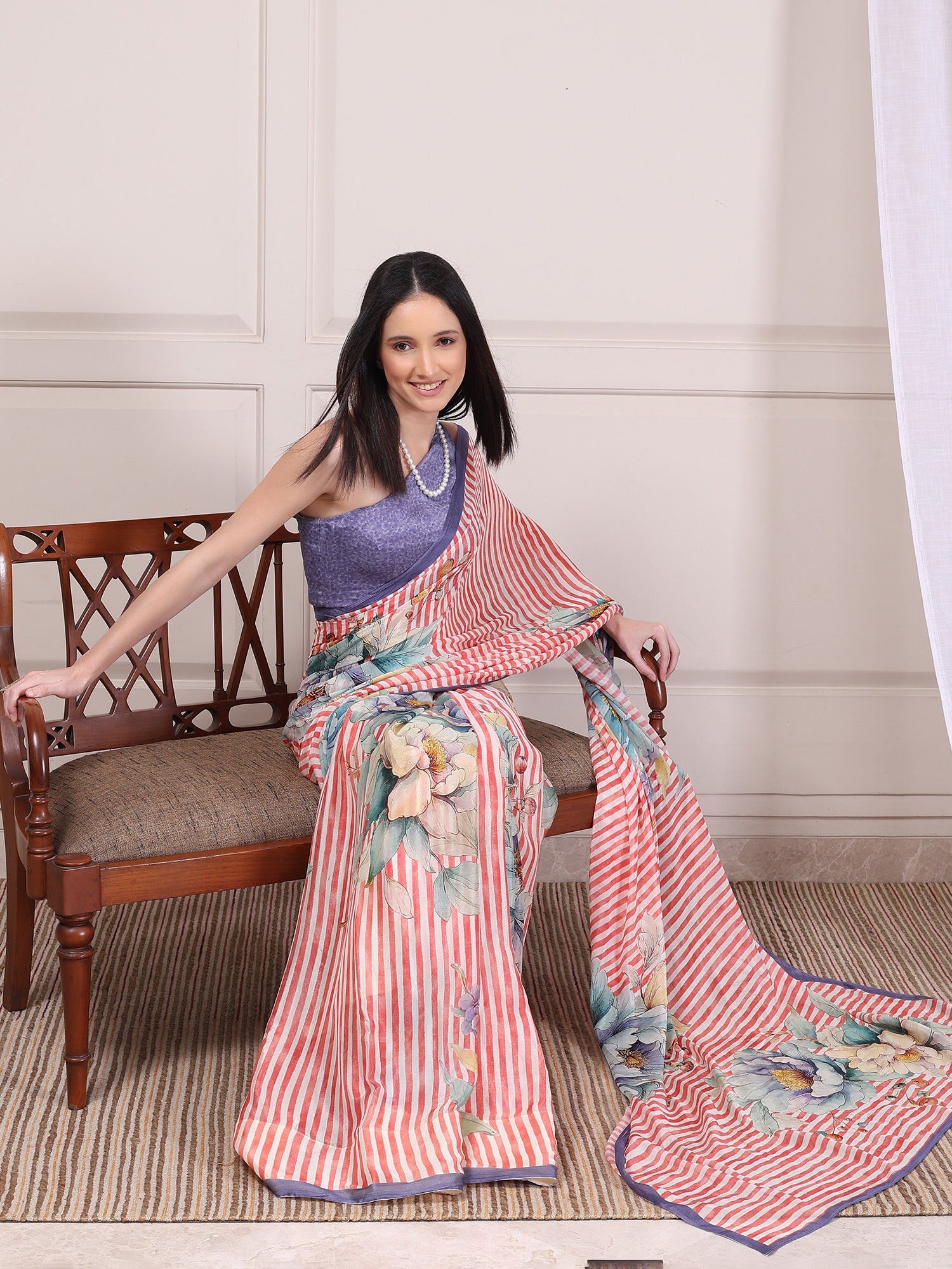 Elara Coral and White Striped Floral Chinon Saree