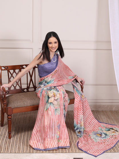 Elara Coral and White Striped Floral Chinon Saree
