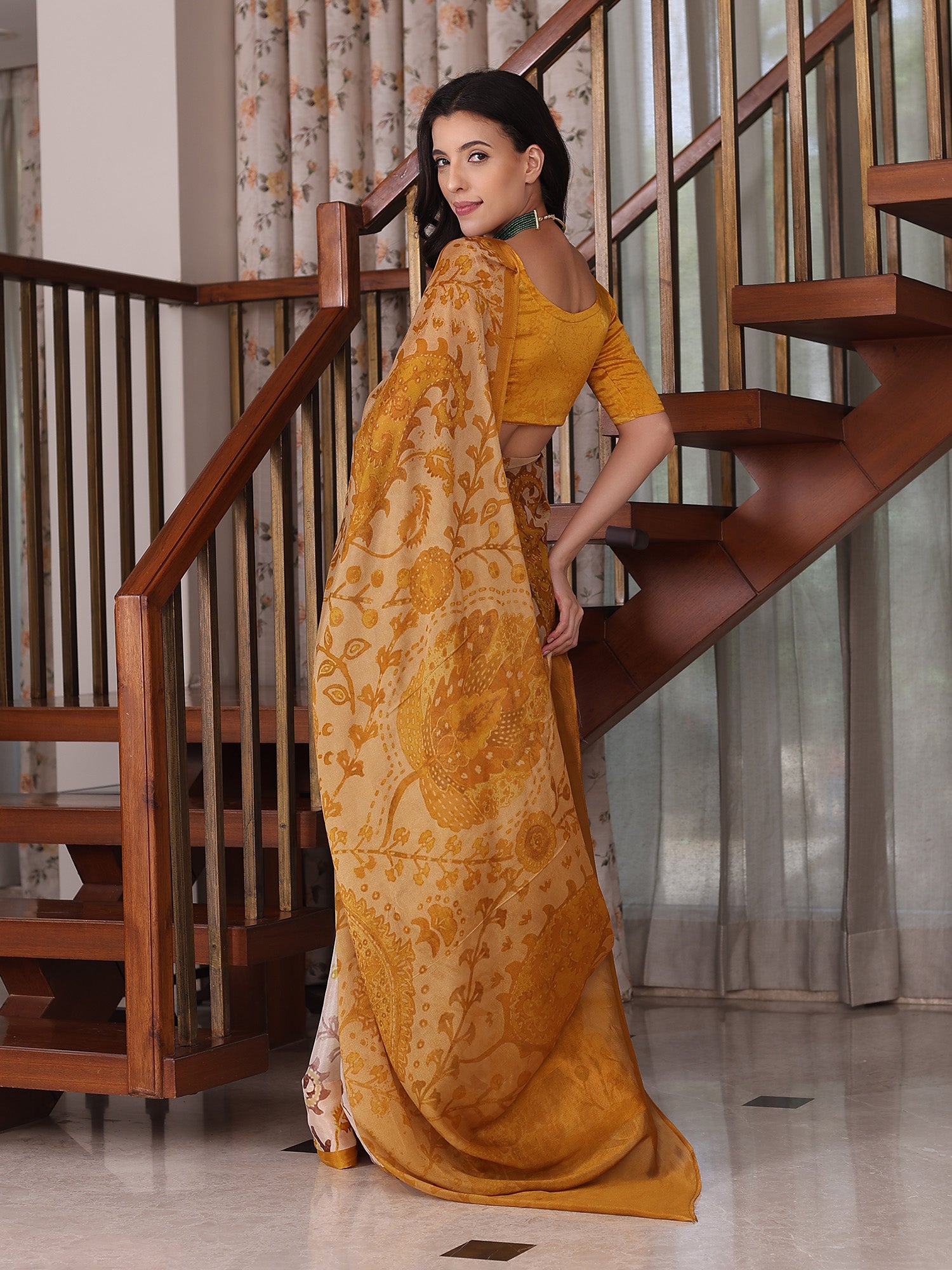 Meher Yellow and white Ajrakh Floral Chinon Saree